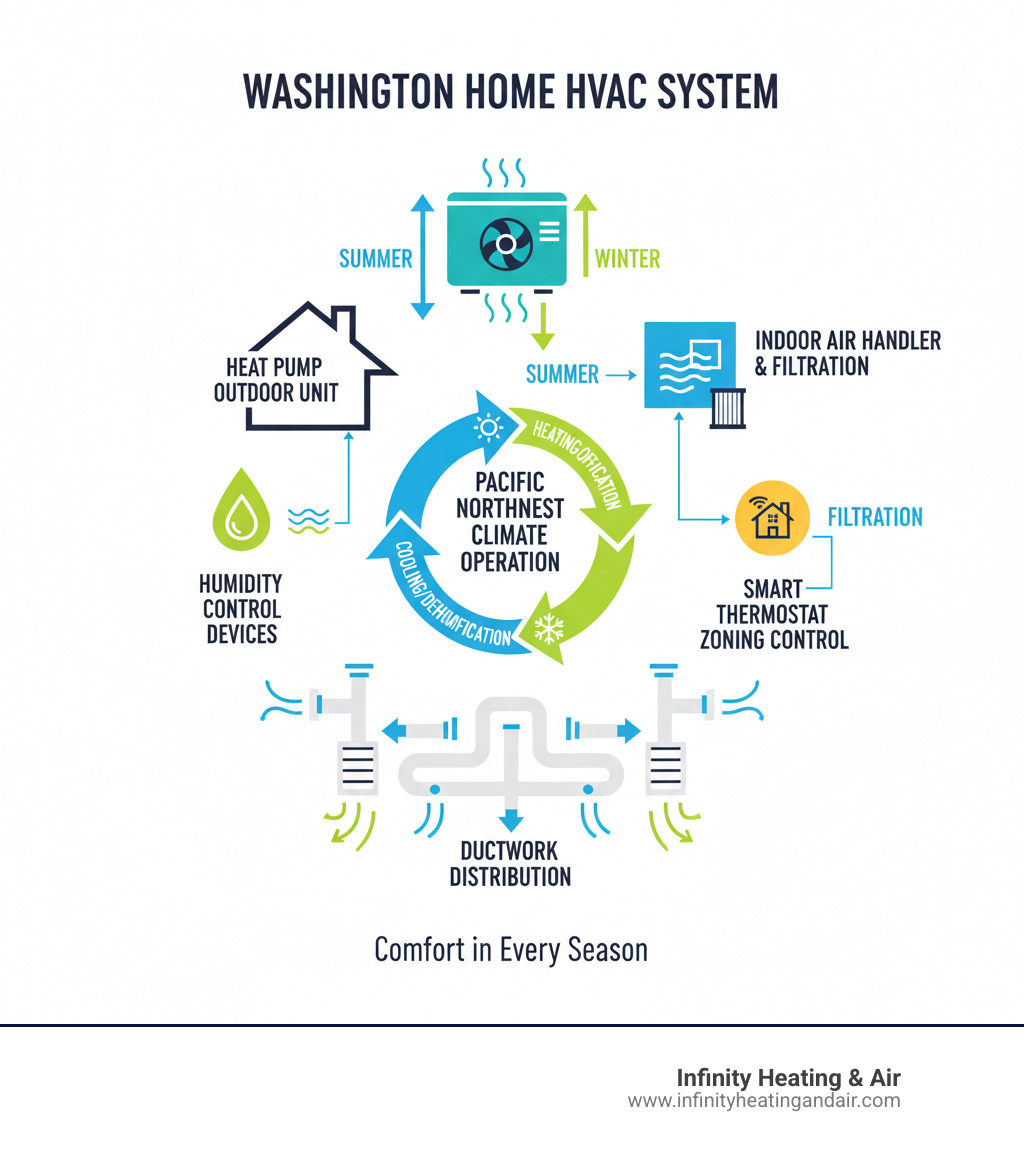Infographic showing the essential components of a Washington home HVAC system including heat pump outdoor unit, indoor air handler with filtration system, smart thermostat for zoning control, ductwork distribution, and humidity control devices, with arrows showing airflow patterns and seasonal operation modes for Pacific Northwest climate conditions - hvac in washington infographic