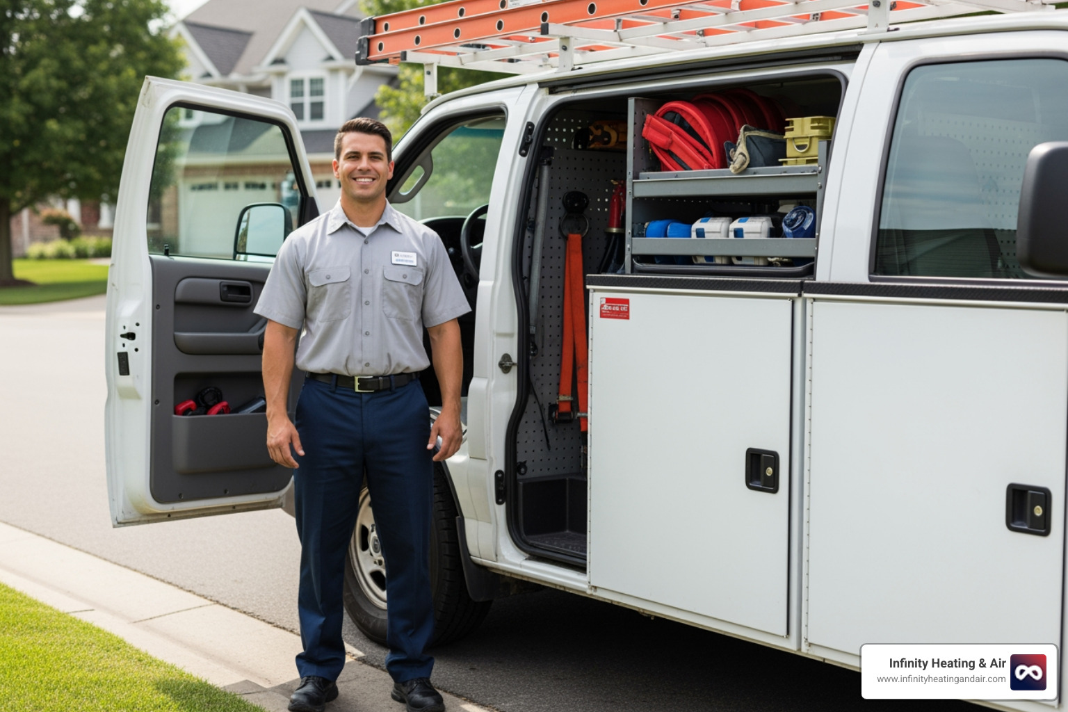 Friendly, professional technician standing next to a well-stocked service van - 24 hour heat pump repair lacey