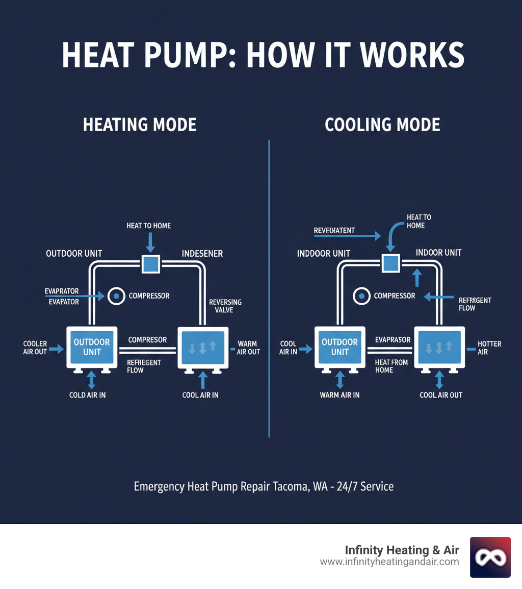infographic showing how a heat pump transfers heat between indoor and outdoor units in both heating and cooling modes, with labels for key components like compressor, reversing valve, and refrigerant flow - emergency heat pump repair tacoma wa infographic  infographic showing how a heat pump transfers heat between indoor and outdoor units in both heating and cooling modes, with labels for key components like compressor, reversing valve, and refrigerant flow - emergency heat pump repair tacoma wa infographic