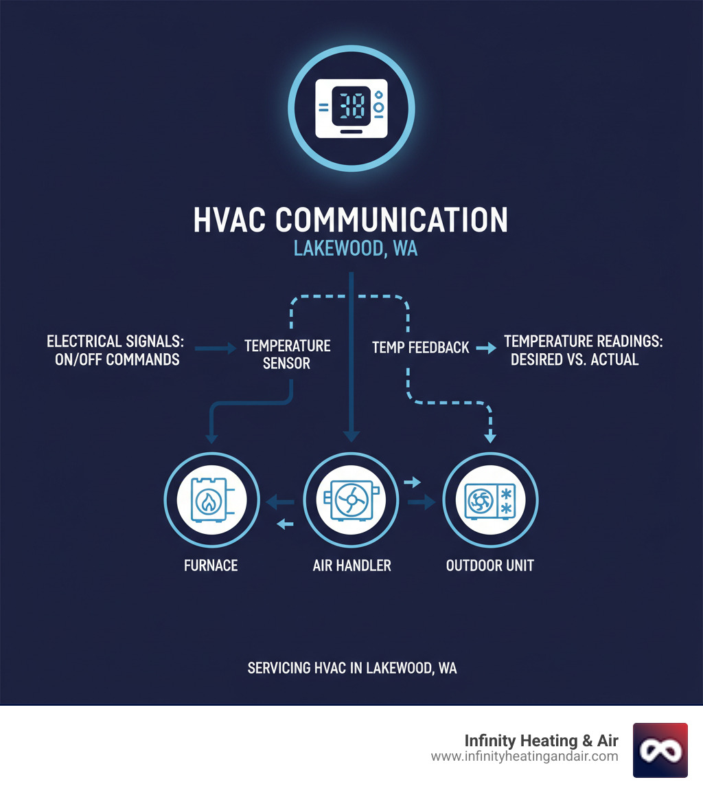 infographic showing how a thermostat communicates with heating and cooling system components including the furnace, air handler, and outdoor unit through electrical signals and temperature readings - My thermostat isn't working correctly. Who services HVAC systems in Lakewood, WA? infographic infographic showing how a thermostat communicates with heating and cooling system components including the furnace, air handler, and outdoor unit through electrical signals and temperature readings - My thermostat isn't working correctly. Who services HVAC systems in Lakewood, WA? infographic