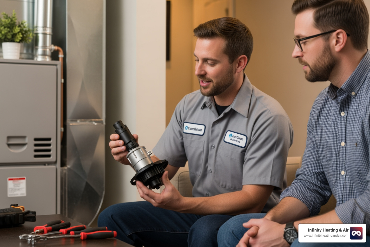 technician showing homeowner furnace part - My furnace went out and it's freezing. Who offers 24/7 emergency heating repair in Tacoma?