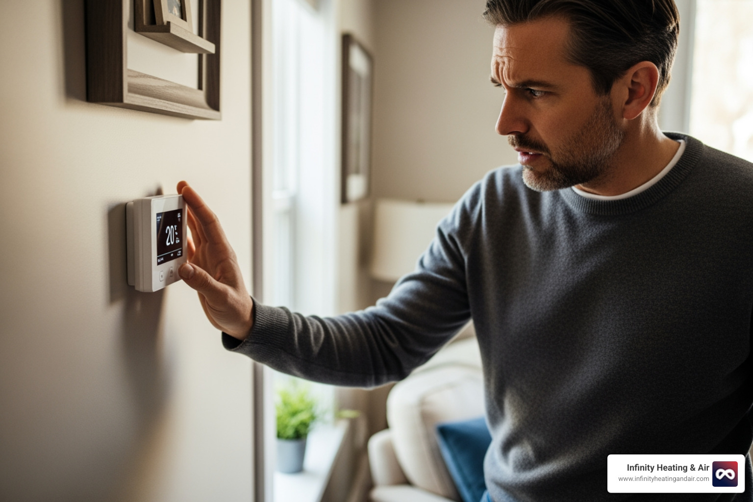 homeowner looking concerned at their thermostat - heating and air conditioning companies near me homeowner looking concerned at their thermostat - heating and air conditioning companies near me