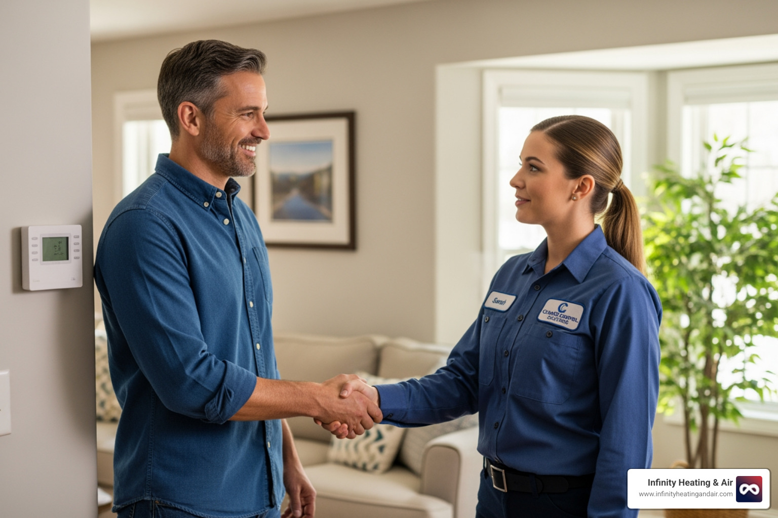 homeowner shaking hands with a friendly HVAC technician - heating and air conditioning companies near me homeowner shaking hands with a friendly HVAC technician - heating and air conditioning companies near me