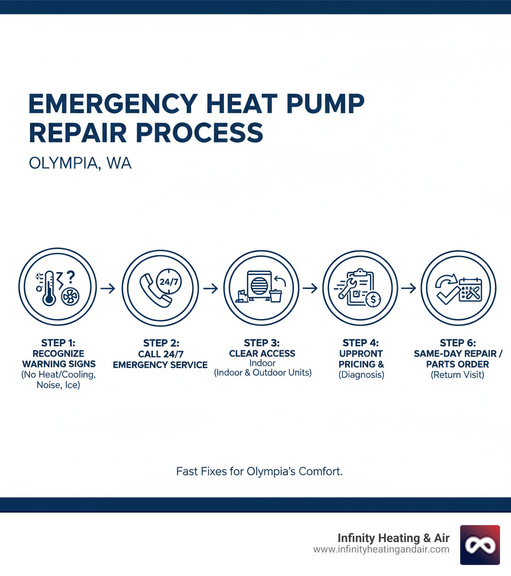 Infographic showing the emergency heat pump repair process in Olympia: Step 1 - Recognize warning signs like no heat/cooling, strange noises, or ice buildup. Step 2 - Call 24/7 emergency service immediately. Step 3 - Clear access to indoor and outdoor units. Step 4 - Technician arrives within hours for diagnosis. Step 5 - Receive upfront pricing and repair options. Step 6 - Same-day repair completed or parts ordered with return visit scheduled. - same day heat pump repair olympia infographic Infographic showing the emergency heat pump repair process in Olympia: Step 1 - Recognize warning signs like no heat/cooling, strange noises, or ice buildup. Step 2 - Call 24/7 emergency service immediately. Step 3 - Clear access to indoor and outdoor units. Step 4 - Technician arrives within hours for diagnosis. Step 5 - Receive upfront pricing and repair options. Step 6 - Same-day repair completed or parts ordered with return visit scheduled. - same day heat pump repair olympia infographic