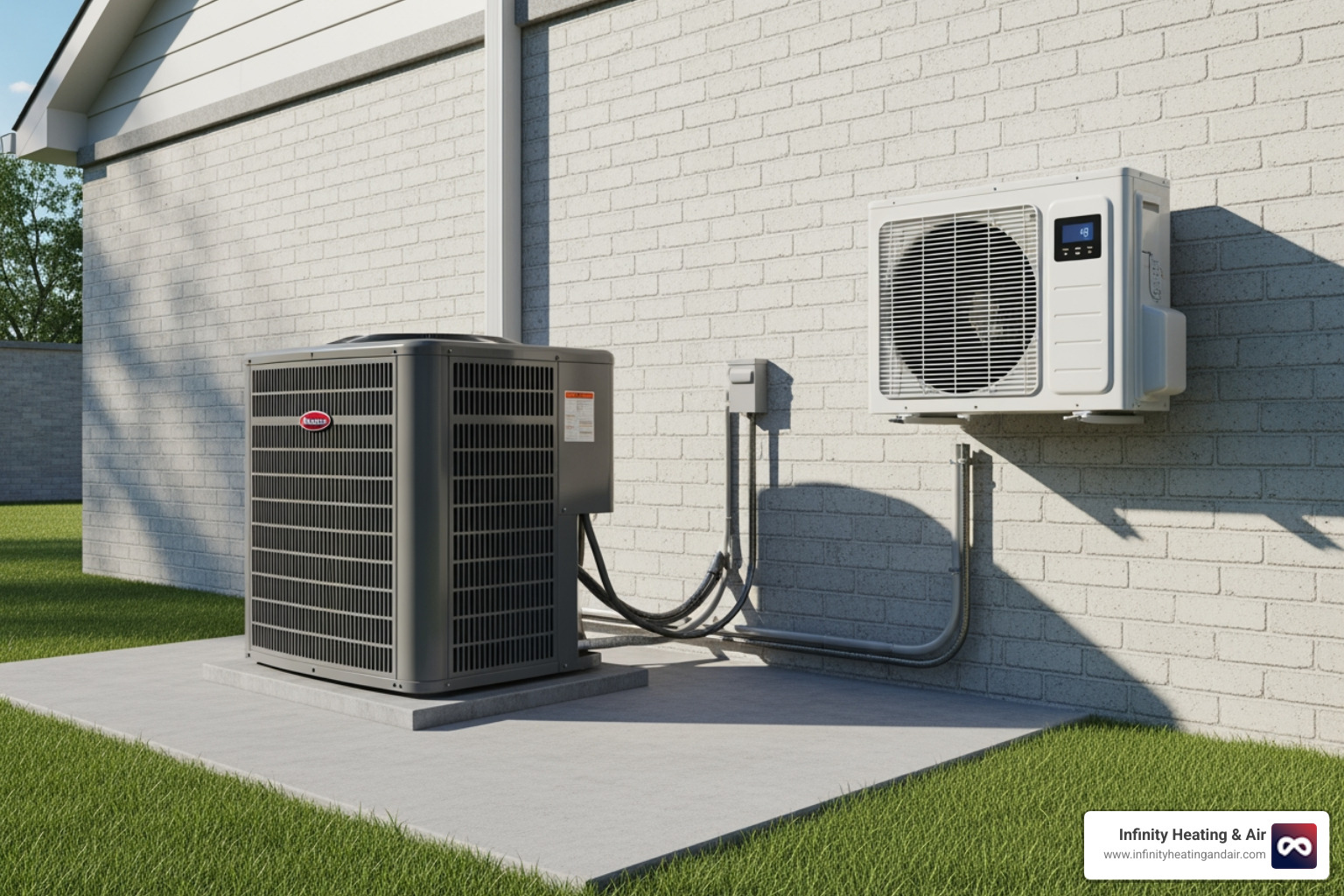 Outdoor central AC unit and wall-mounted ductless mini-split head unit - air conditioning installation puyallup wa