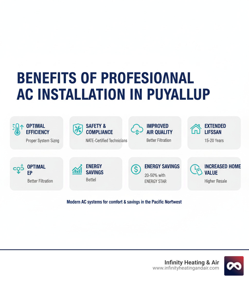 Infographic showing the key benefits of professional AC installation in Puyallup: proper system sizing for optimal efficiency, NATE-certified technicians ensuring safety and code compliance, improved indoor air quality through better filtration, energy savings of 20-50% with modern ENERGY STAR systems, extended equipment lifespan of 15-20 years with proper maintenance, and increased home resale value - air conditioning installation puyallup wa infographic 