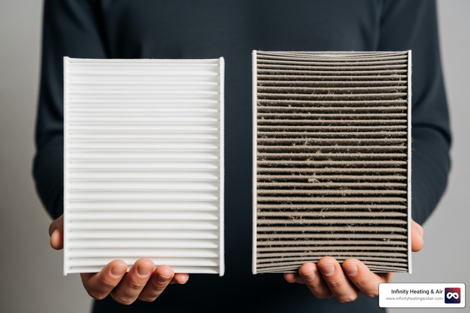 person holding a clean and a dirty air filter side-by-side - heater not working lacey wa