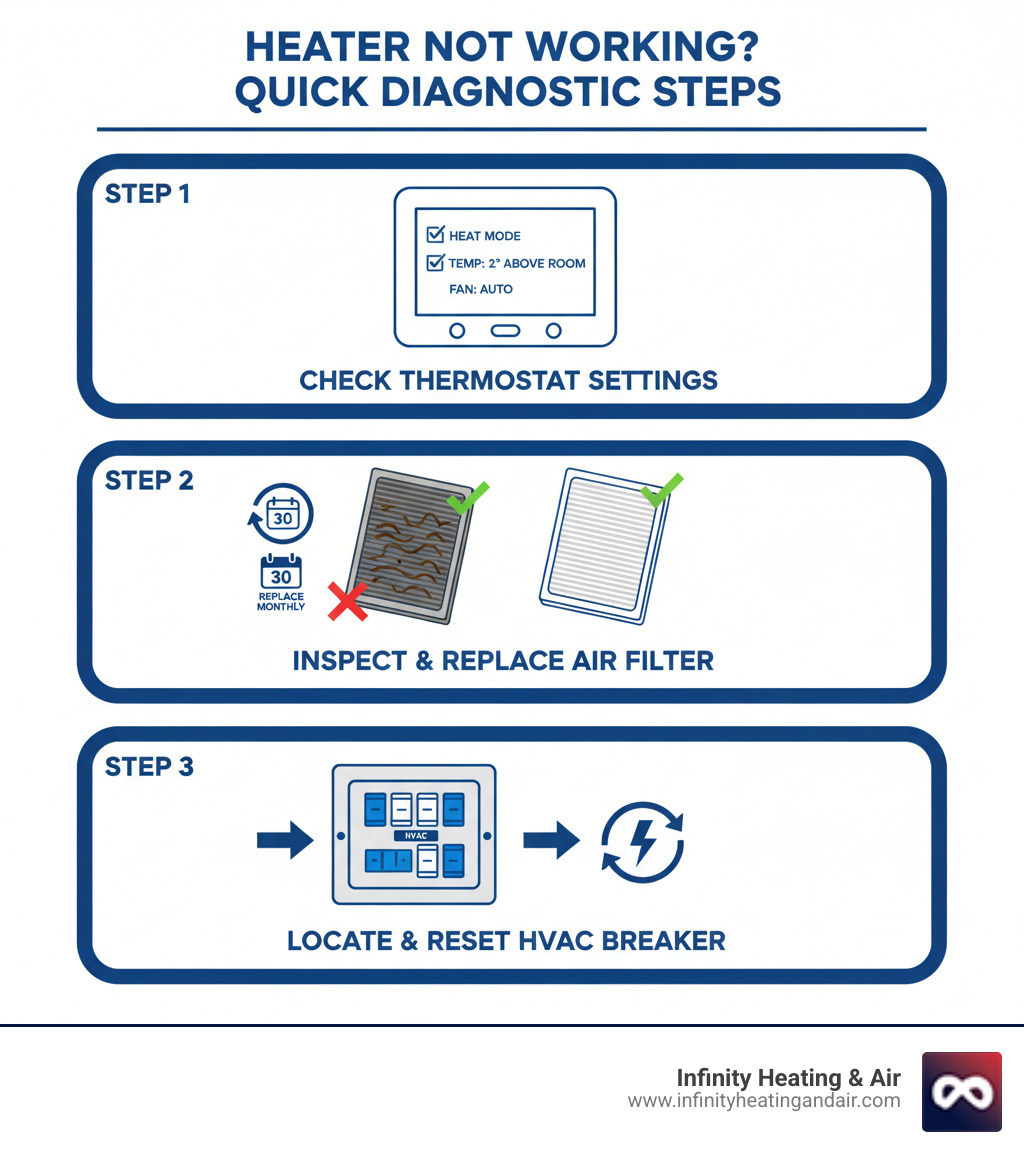 Infographic showing three diagnostic steps for a non-working heater: Step 1 shows a thermostat with checkmarks for Heat mode, temperature 2 degrees above room temp, and Auto fan setting; Step 2 shows a dirty versus clean air filter with a monthly replacement reminder; Step 3 shows an electrical panel with arrows pointing to the HVAC breaker and reset instructions - heater not working lacey wa infographic 