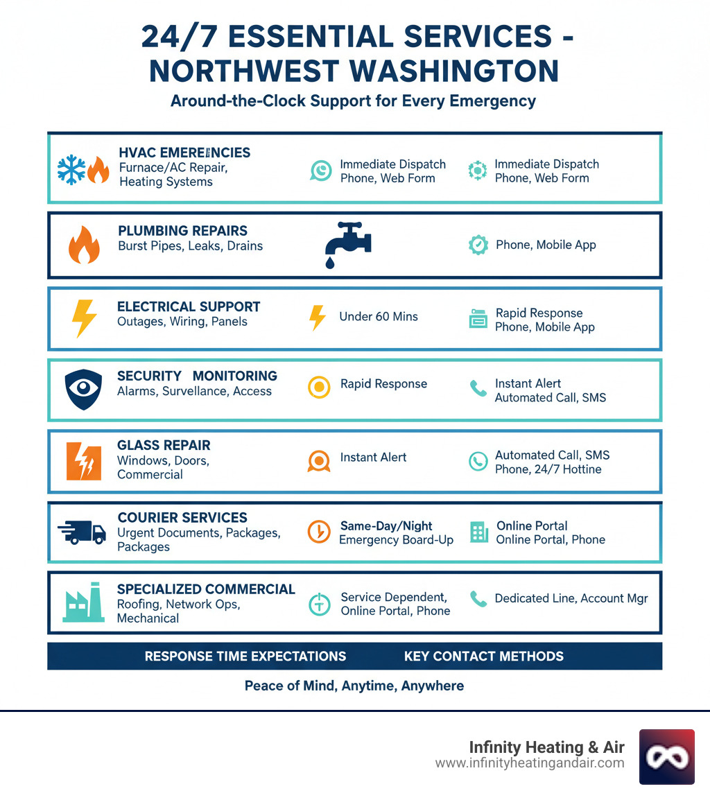infographic showing categories of 24/7 services in Northwest Washington including HVAC emergencies, plumbing repairs, electrical support, security monitoring, glass repair, courier services, and specialized commercial services with response time expectations and key contact methods - Which companies in Northwest Washington offer 24/7 service? infographic 