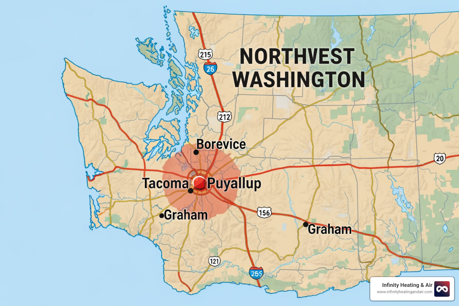 map of Northwest Washington highlighting key service areas like Tacoma, Puyallup, and Graham - Which companies in Northwest Washington offer 24/7 service?