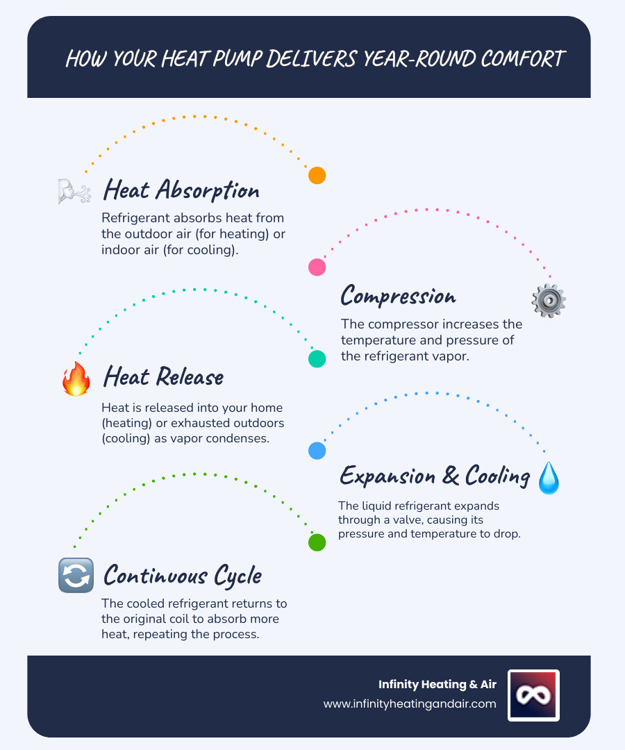 infographic showing heat pump operation in both heating and cooling modes, with arrows indicating heat transfer direction, outdoor and indoor unit placement, and refrigerant flow for Pacific Northwest climate conditions - 24 hour heat pump repair gig harbor infographic infographic-line-5-steps-blues-accent_colors infographic showing heat pump operation in both heating and cooling modes, with arrows indicating heat transfer direction, outdoor and indoor unit placement, and refrigerant flow for Pacific Northwest climate conditions - 24 hour heat pump repair gig harbor infographic infographic-line-5-steps-blues-accent_colors
