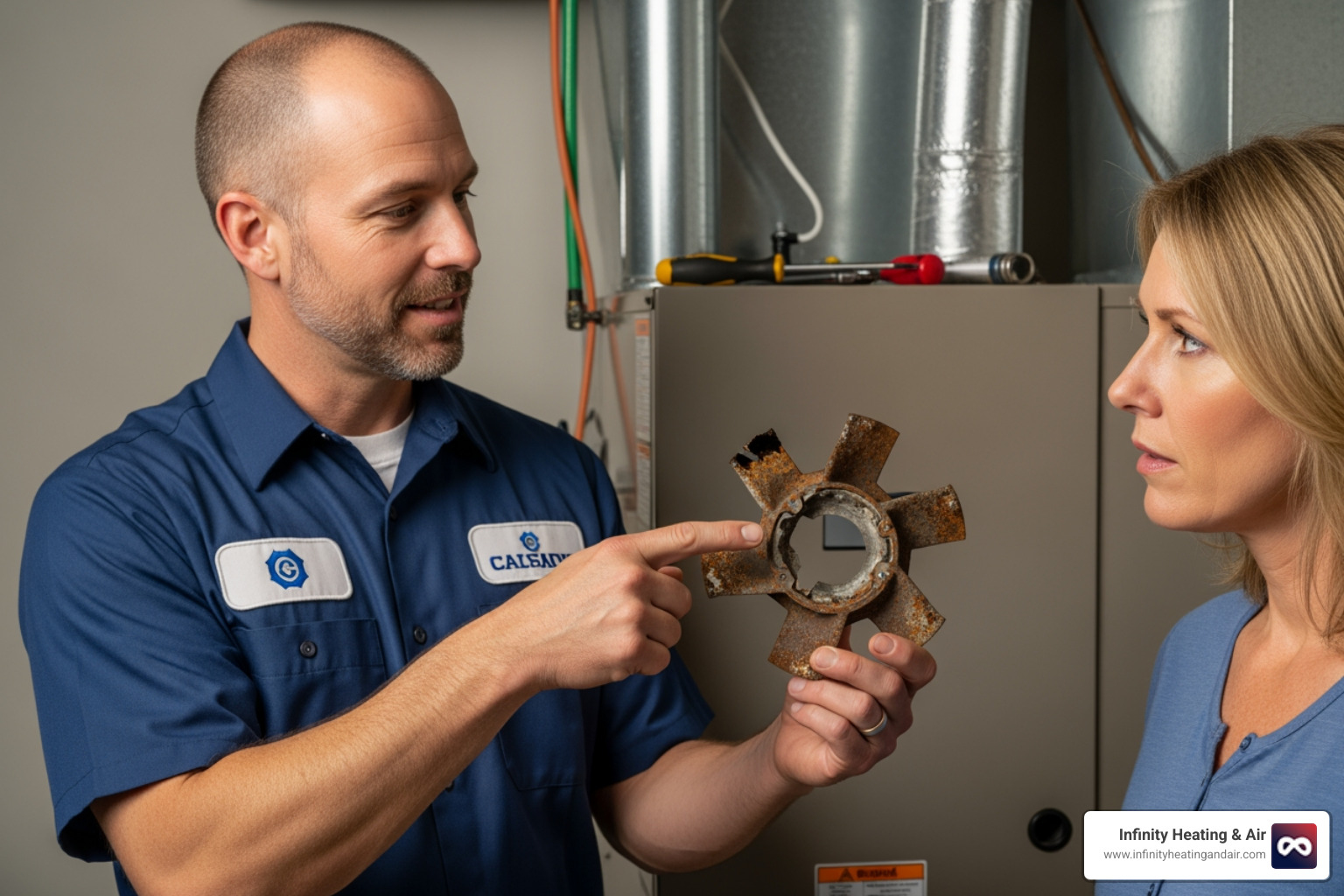technician showing homeowner a part that needs replacement - My heat pump is broken. Who offers same day heat pump repair in Olympia? technician showing homeowner a part that needs replacement - My heat pump is broken. Who offers same day heat pump repair in Olympia?