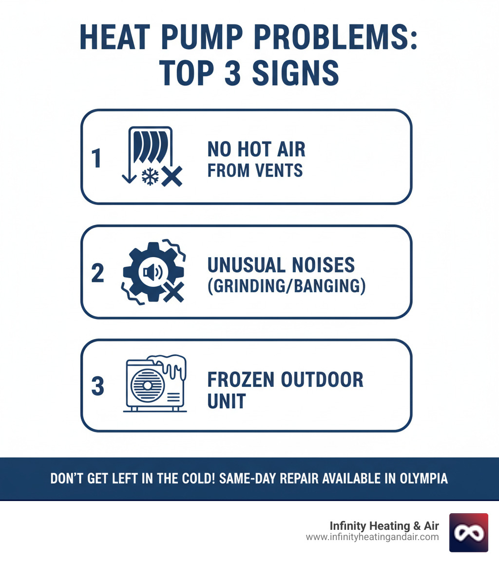 Infographic showing the top 3 signs your heat pump is broken: no hot air blowing from vents, unusual noises like grinding or banging, and frozen outdoor unit with ice buildup - My heat pump is broken. Who offers same day heat pump repair in Olympia? infographic Infographic showing the top 3 signs your heat pump is broken: no hot air blowing from vents, unusual noises like grinding or banging, and frozen outdoor unit with ice buildup - My heat pump is broken. Who offers same day heat pump repair in Olympia? infographic