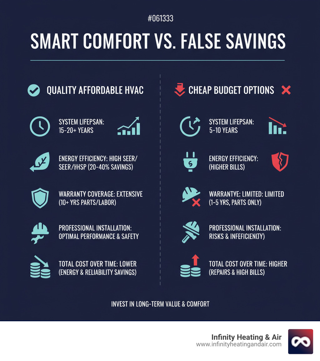 infographic showing the difference between quality affordable HVAC solutions and cheap budget options, including factors like system lifespan, energy efficiency ratings, warranty coverage, professional installation value, and total cost of ownership over time - Affordable HVAC solutions infographic 