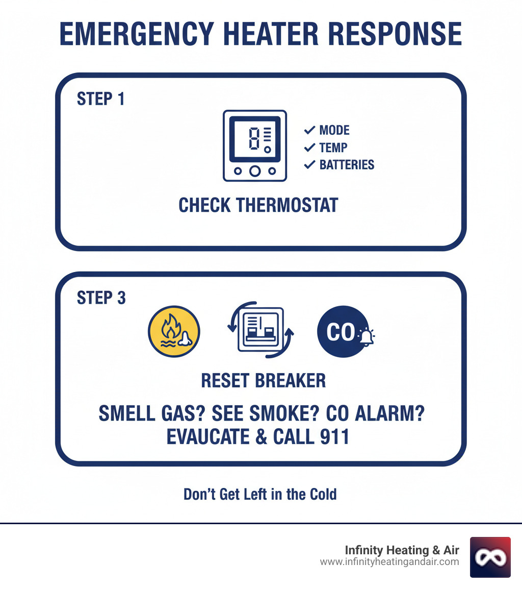 Infographic showing three-step emergency heater response: Step 1 shows a thermostat with checkmarks for mode, temperature, and batteries; Step 2 shows a circuit breaker panel with reset instructions; Step 3 shows warning symbols for gas smell, smoke, and and CO detector with text to evacuate and call 911 - 24 hour heater not working federal way wa infographic Infographic showing three-step emergency heater response: Step 1 shows a thermostat with checkmarks for mode, temperature, and batteries; Step 2 shows a circuit breaker panel with reset instructions; Step 3 shows warning symbols for gas smell, smoke, and and CO detector with text to evacuate and call 911 - 24 hour heater not working federal way wa infographic