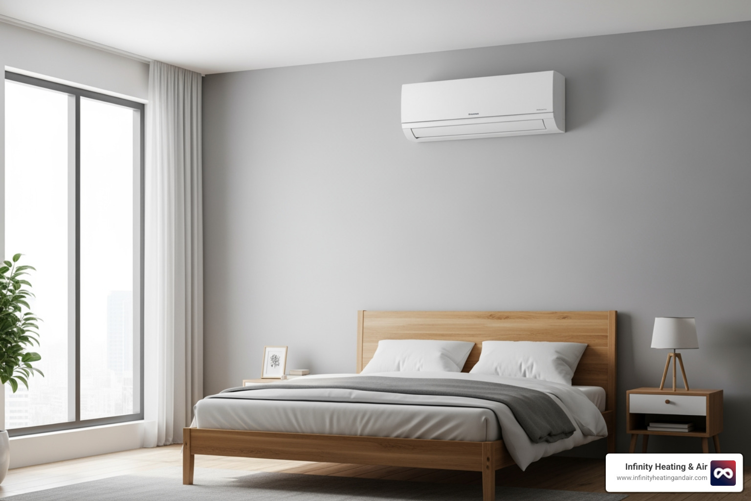 sleek wall-mounted ductless mini-split unit in modern bedroom - "Find companies that install high-efficiency heat pumps in University Place, WA.