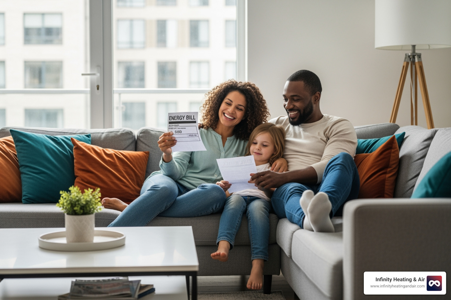 family comfortably enjoying living room with energy bill in hand - "Find companies that install high-efficiency heat pumps in University Place, WA.