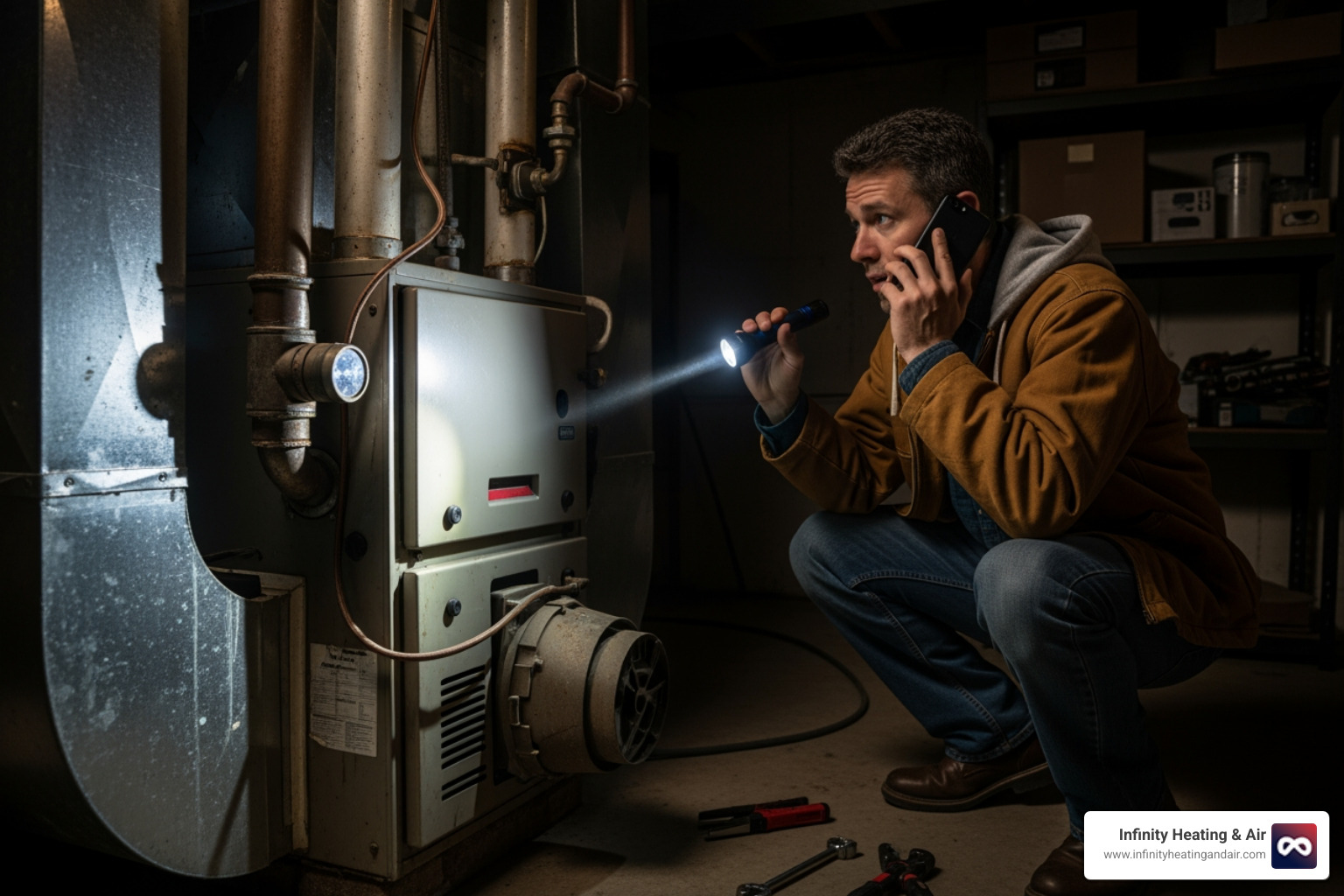 person on the phone at night with a flashlight looking at their furnace - 24 hour heater not working graham wa person on the phone at night with a flashlight looking at their furnace - 24 hour heater not working graham wa