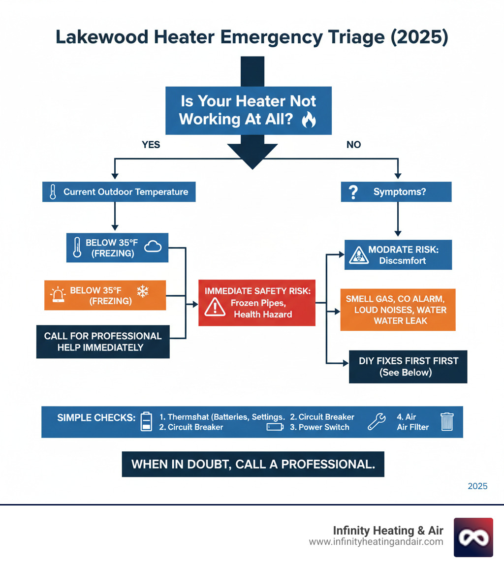 infographic showing decision tree for heater emergency triage with temperature zones safety risks and when to call for help versus diy fixes for lakewood homeowners - emergency heater not working help lakewood infographic infographic showing decision tree for heater emergency triage with temperature zones safety risks and when to call for help versus diy fixes for lakewood homeowners - emergency heater not working help lakewood infographic