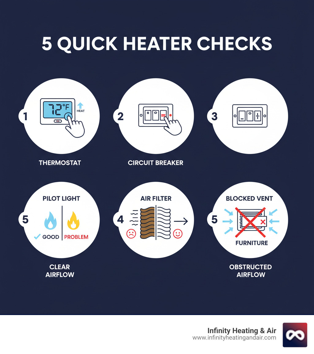 Infographic showing 5 quick diagnostic checks for a broken heater: 1. Thermostat settings verification with temperature display, 2. Circuit breaker panel inspection with finger pointing to switches, 3. Dirty air filter comparison showing clogged vs clean, 4. Pilot light color check showing blue flame as good and yellow as problem, 5. Blocked vent illustration showing cleared vs obstructed airflow - heater not working repair sumner wa infographic Infographic showing 5 quick diagnostic checks for a broken heater: 1. Thermostat settings verification with temperature display, 2. Circuit breaker panel inspection with finger pointing to switches, 3. Dirty air filter comparison showing clogged vs clean, 4. Pilot light color check showing blue flame as good and yellow as problem, 5. Blocked vent illustration showing cleared vs obstructed airflow - heater not working repair sumner wa infographic