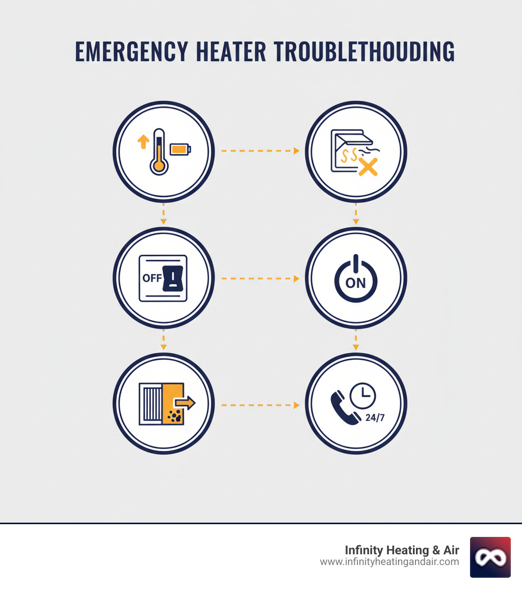 Infographic showing emergency heater troubleshooting steps: 1. Check thermostat settings and batteries, 2. Verify circuit breaker hasn't tripped, 3. Replace dirty air filter, 4. Ensure vents are open and clear, 5. Confirm furnace power switch is on, 6. Call 24/7 emergency service if issues persist - 24 hour heater not working puyallup wa infographic 
