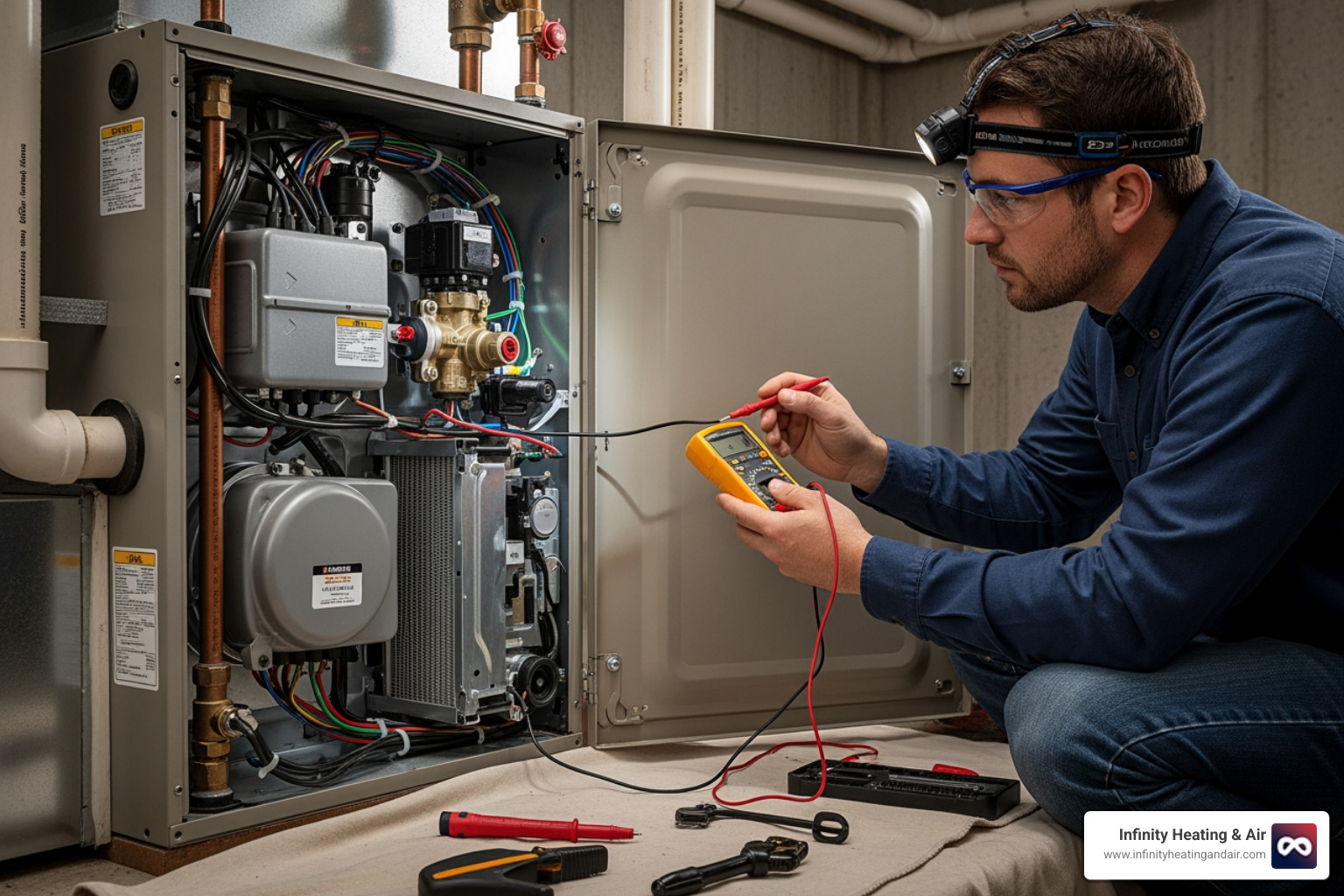 A technician inspecting the internal components of a furnace - 24 hour heater not working puyallup wa