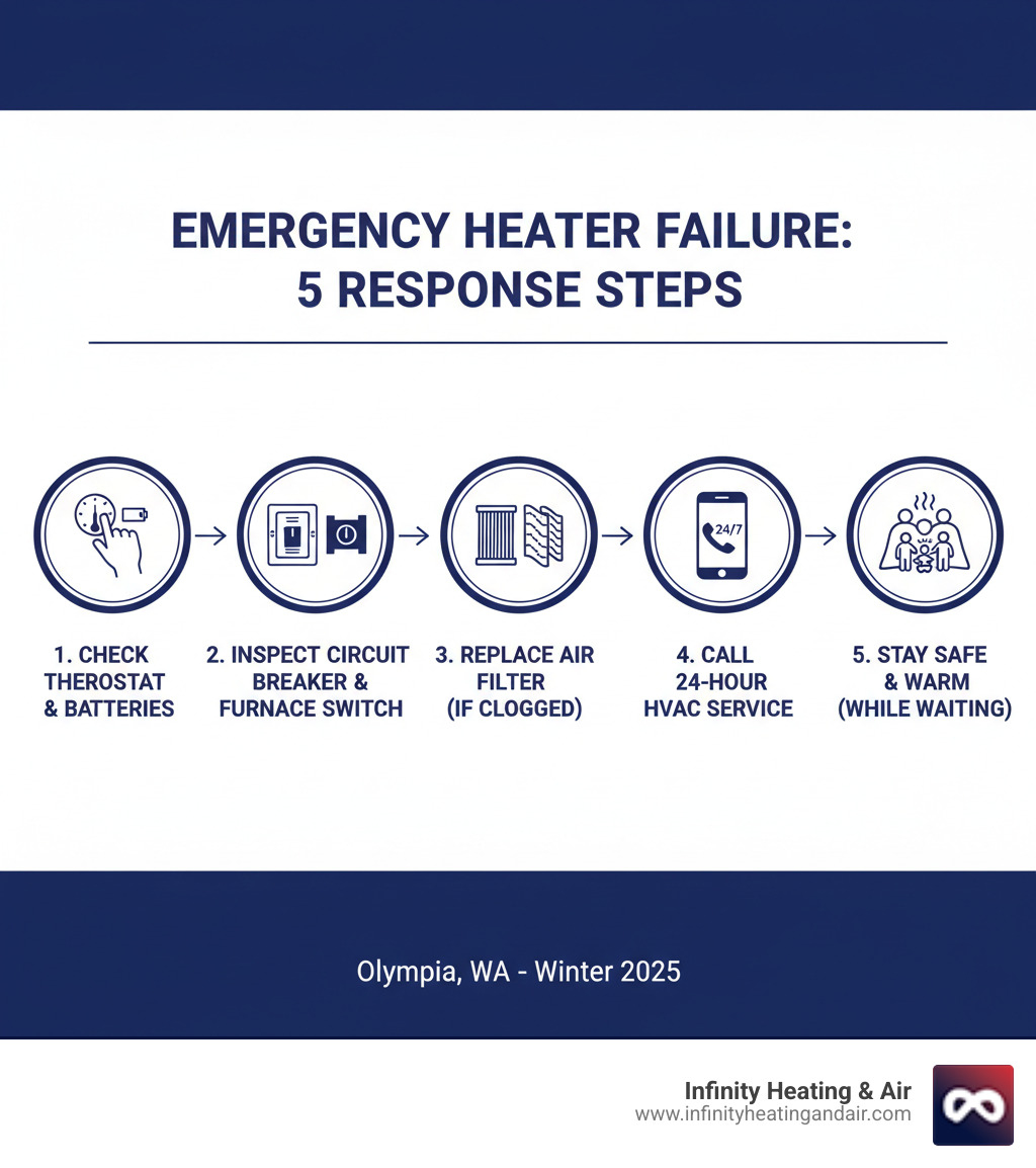 Infographic showing emergency heater failure response steps: 1. Check thermostat settings and batteries, 2. Inspect circuit breaker and furnace switch, 3. Replace air filter if clogged, 4. Call 24-hour HVAC service if issue persists, 5. Keep family safe and warm while waiting for technician - 24 hour heater not working olympia wa infographic 