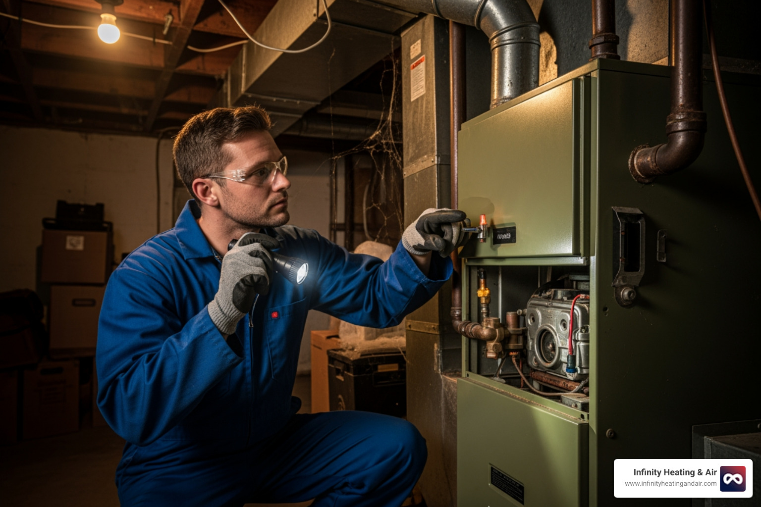 A technician evaluating an older furnace in a basement - heater not working tacoma wa