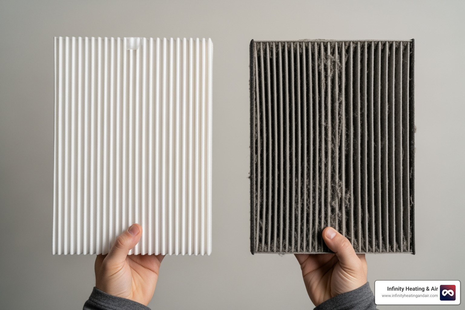 A person holding a clean and a dirty furnace filter side-by-side - heater not working tacoma wa