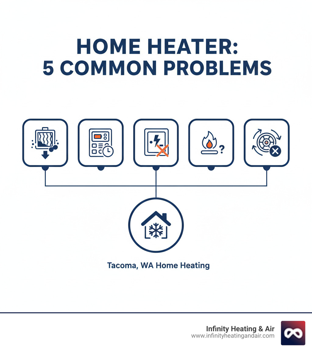 Infographic showing the 5 most common reasons a home heater stops working: 1) Dirty or clogged air filter restricting airflow, 2) Thermostat issues including dead batteries or incorrect settings, 3) Tripped circuit breaker cutting power to the system, 4) Pilot light problems in gas furnaces, 5) Worn or failed blower motor preventing air circulation - heater not working tacoma wa infographic 