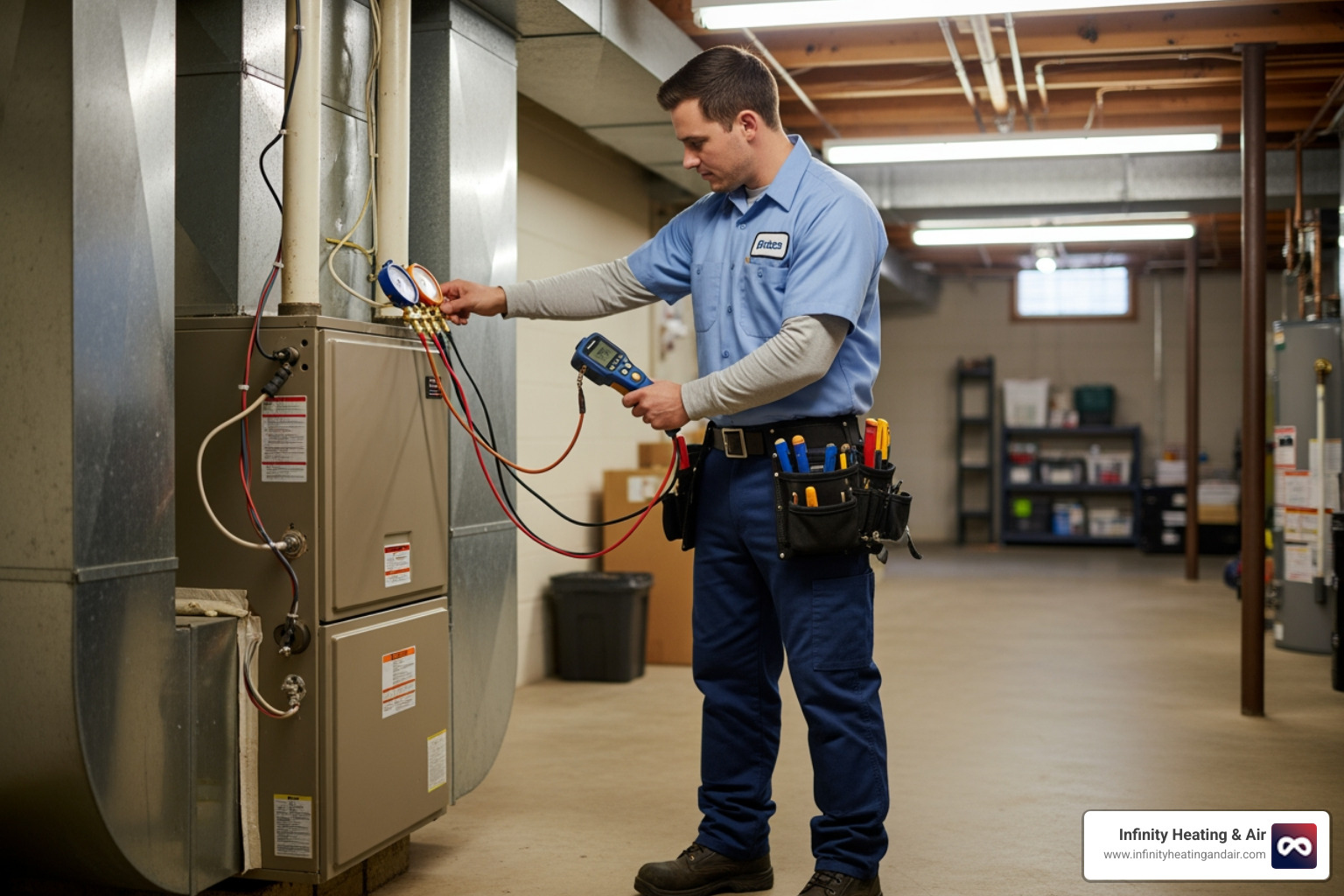 clean, professional technician using diagnostic tools on an old furnace - 24 hour heating installation auburn