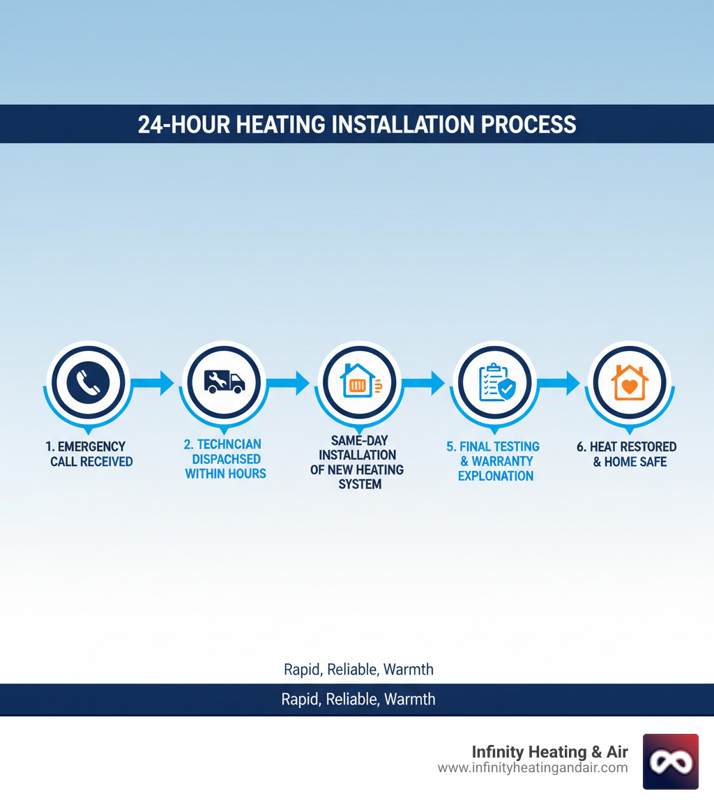 Infographic showing the 24-hour heating installation process: Emergency call received, technician dispatched within hours, on-site diagnosis and system recommendation, same-day installation of new heating system, final testing and warranty explanation, heat restored and home safe - 24 hour heating installation auburn infographic 