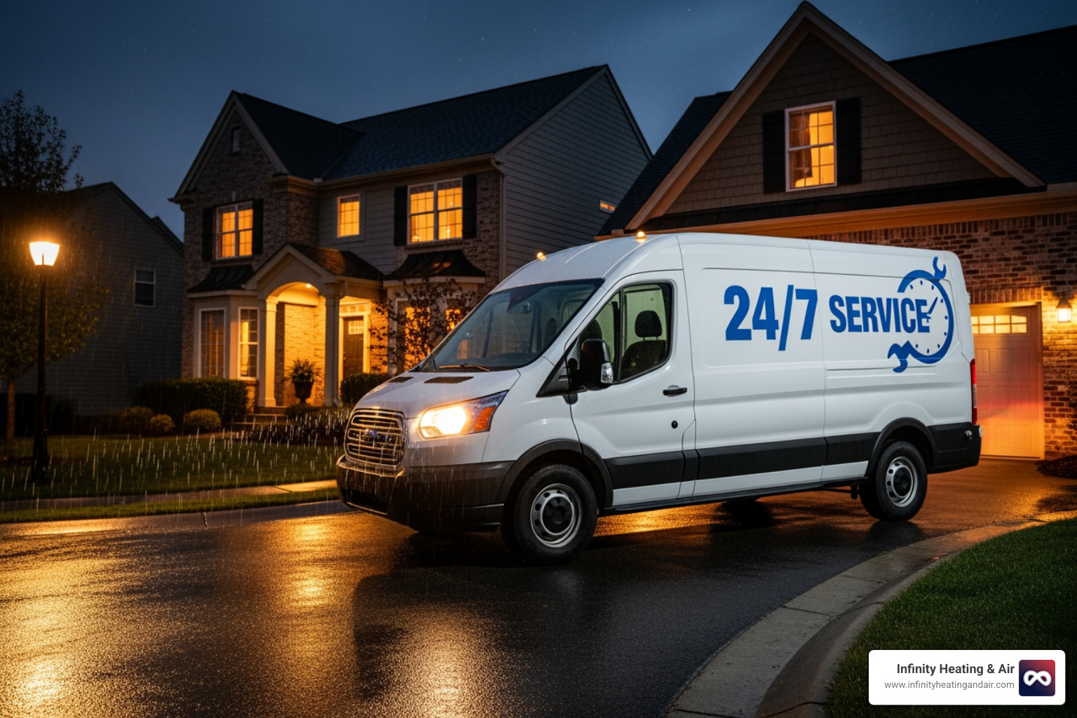 service van with "24/7 Service" arriving at a home at night - 24 hour heating installation gig harbor