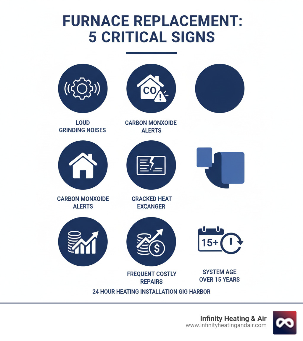 infographic showing 5 critical signs your furnace needs immediate replacement: loud grinding noises, carbon monoxide detector alerts, cracked heat exchanger, frequent costly repairs, and system age over 15 years - 24 hour heating installation gig harbor infographic 