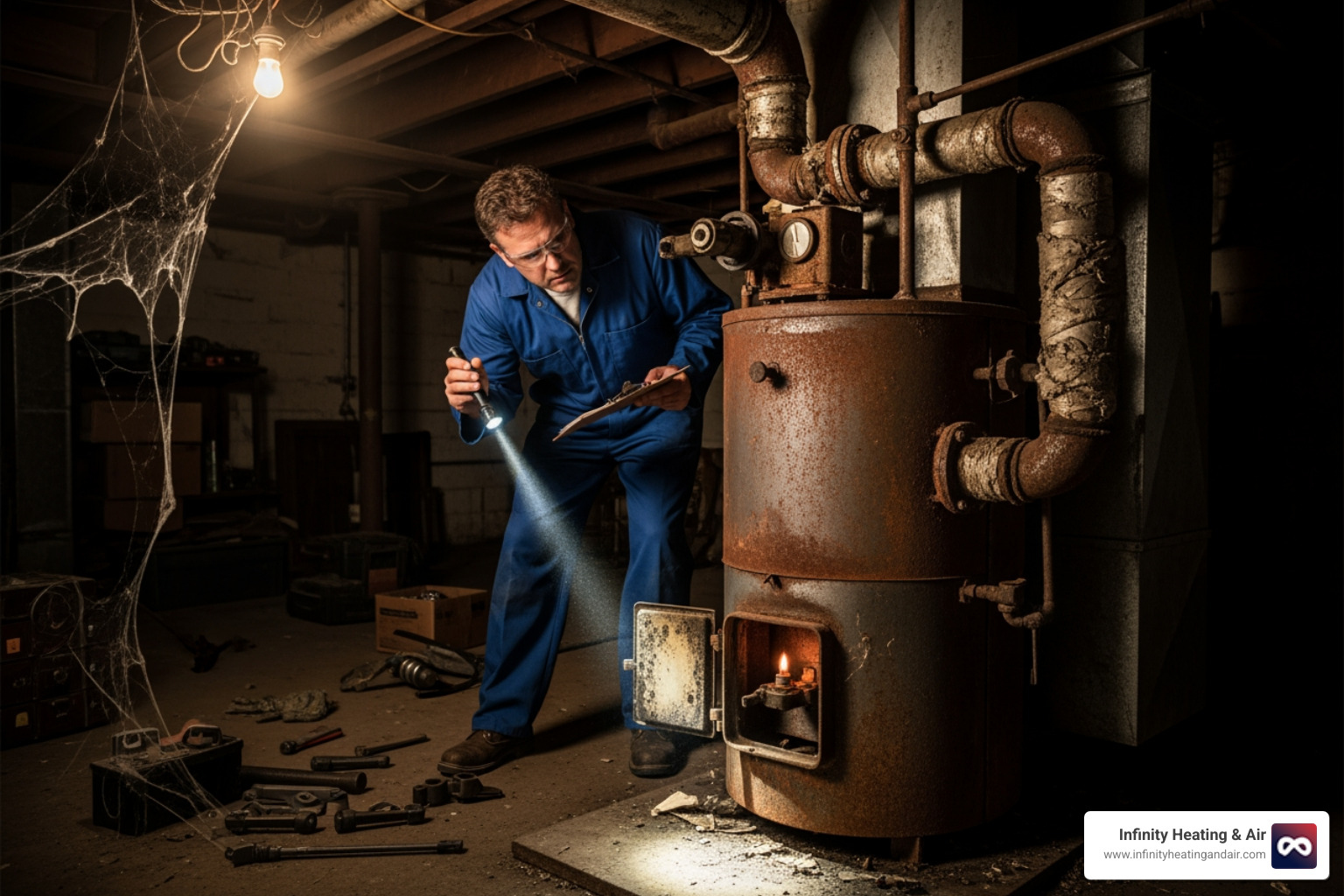 technician inspecting an old, rusted furnace in a dark basement - 24 hour heating installation gig harbor