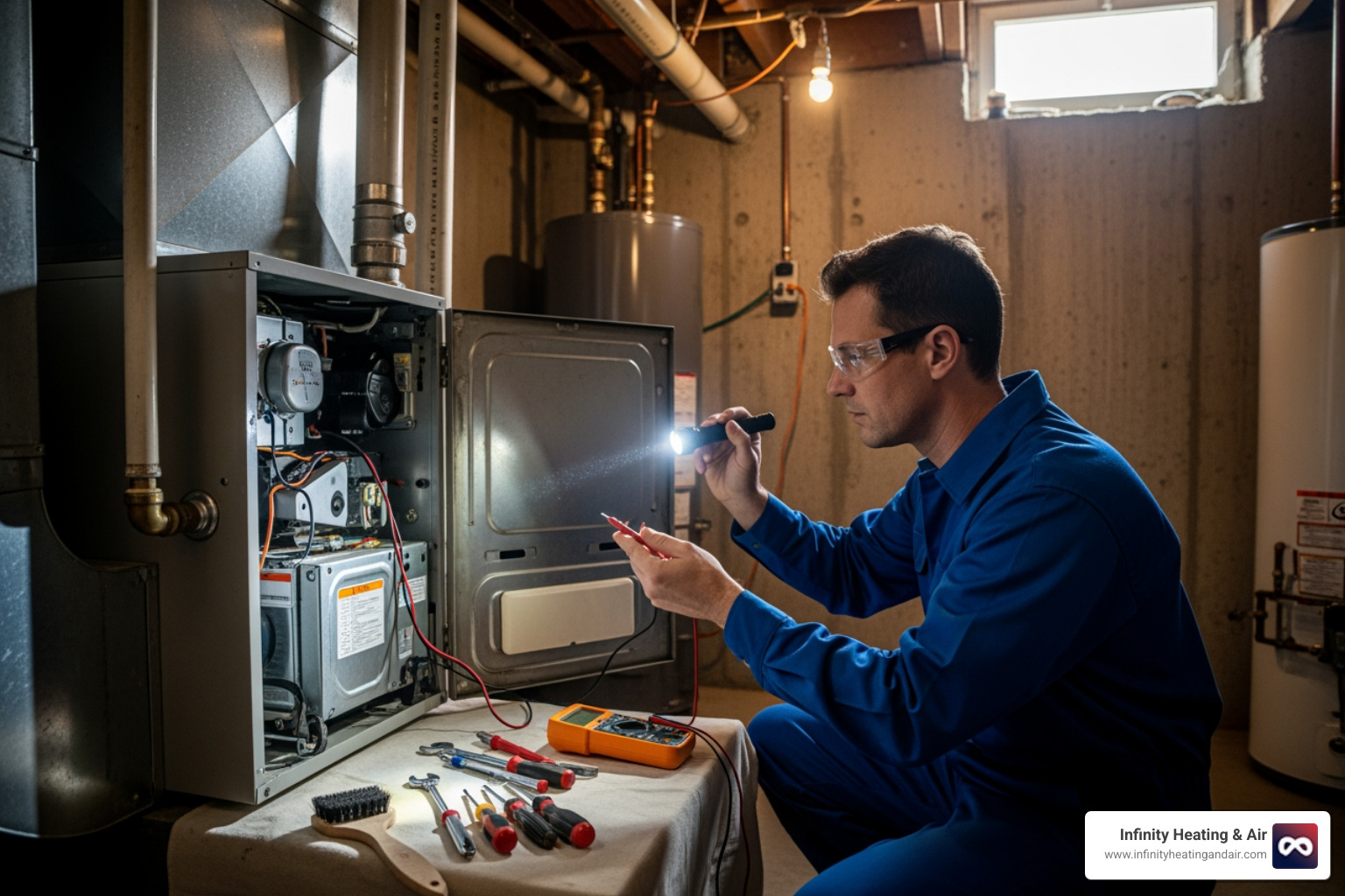 technician performing annual maintenance on a furnace - emergency heating installation lacey wa