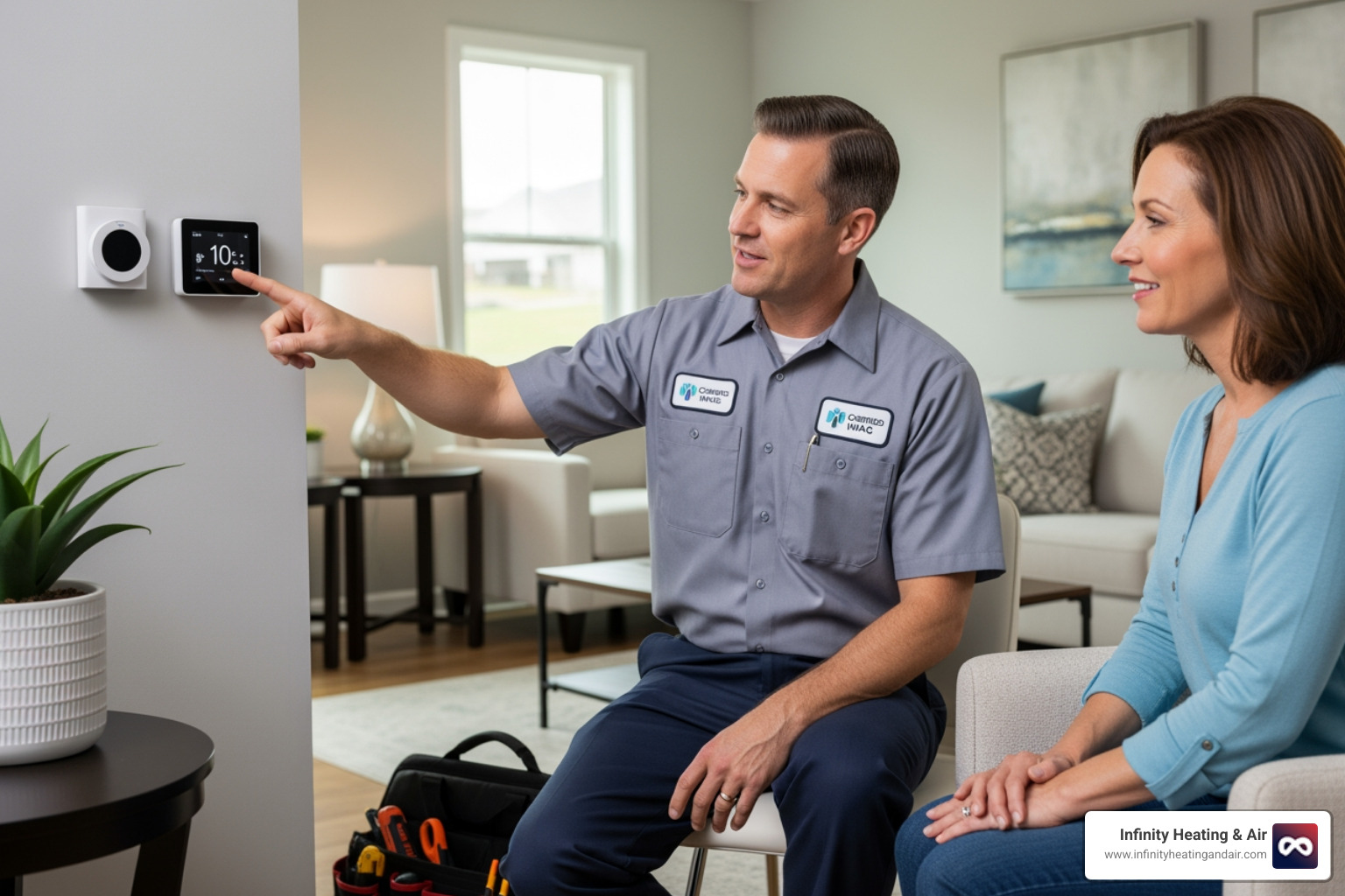 certified technician explaining new thermostat to homeowner - emergency heating installation lacey wa