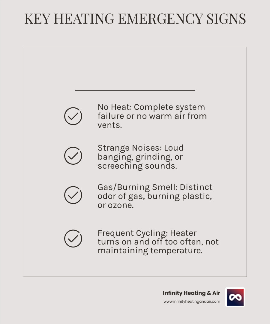 infographic explaining the key signs of a heating emergency: no heat, strange noises, gas smell, and frequent cycling. - emergency heating installation lacey wa infographic checklist-light-beige