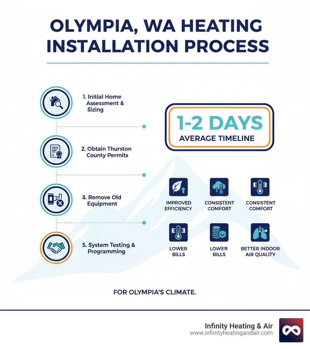 Infographic showing the complete heating installation process in Olympia, WA: Step 1 - Initial home assessment and system sizing; Step 2 - Obtaining Thurston County mechanical permits; Step 3 - Removing old equipment and preparing installation area; Step 4 - Installing new heating system with proper ductwork and electrical connections; Step 5 - Testing system performance and thermostat programming; Step 6 - Final inspection and homeowner walkthrough. Includes icons for each step, average timeline of 1-2 days, and key benefits: improved energy efficiency, consistent comfort, lower utility bills, and better indoor air quality for Olympia's climate. - heating installation olympia wa infographic 