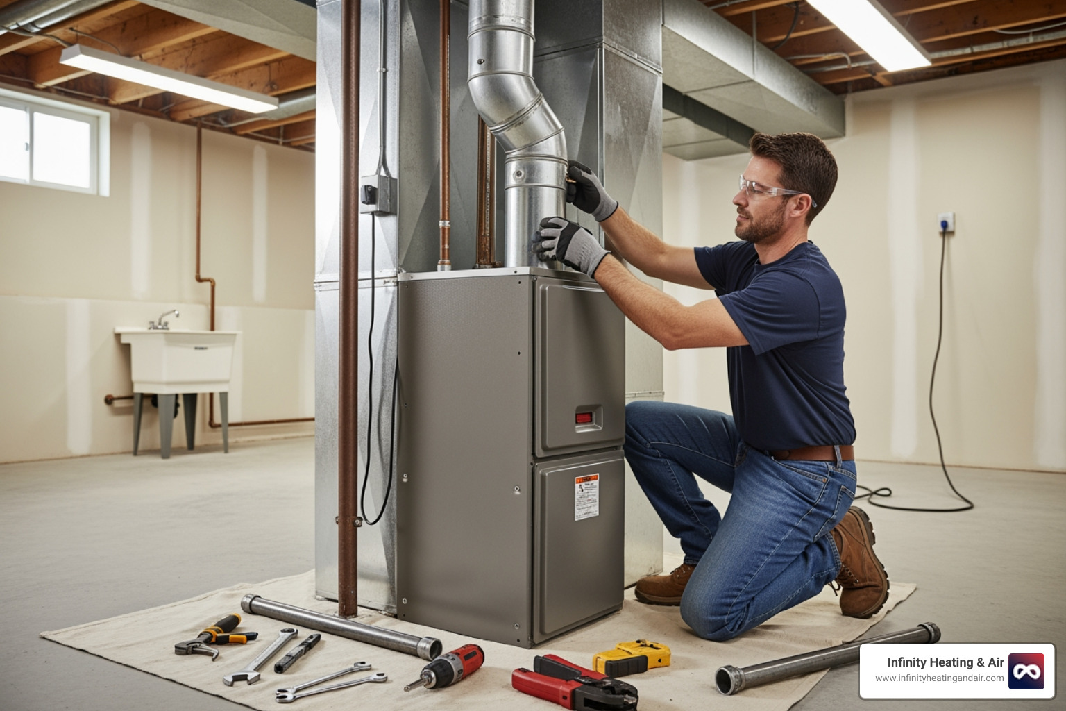 of a technician professionally installing a furnace - heating installation olympia wa