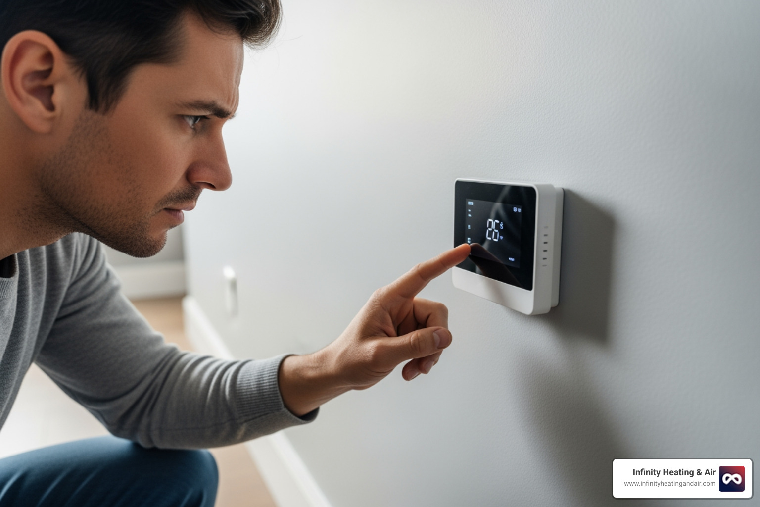 A homeowner looking at a non-functional thermostat with concern - same day heating installation sumner