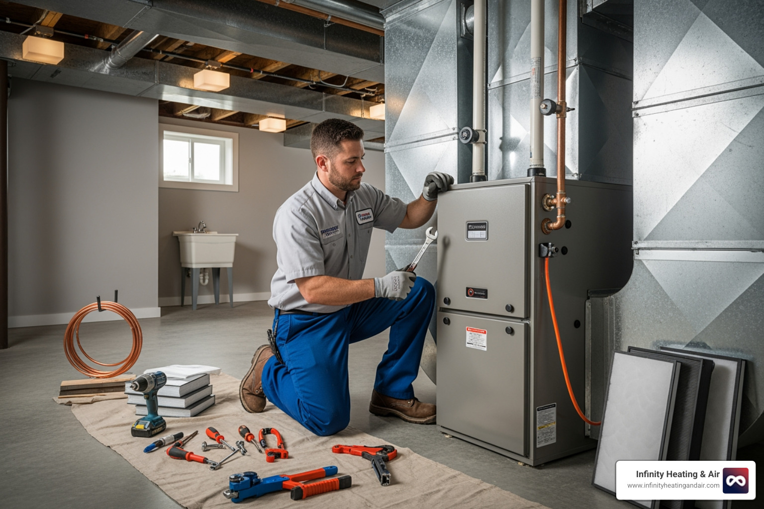 technician installing a new furnace in a clean workspace - 24 hour heating installation lakewood