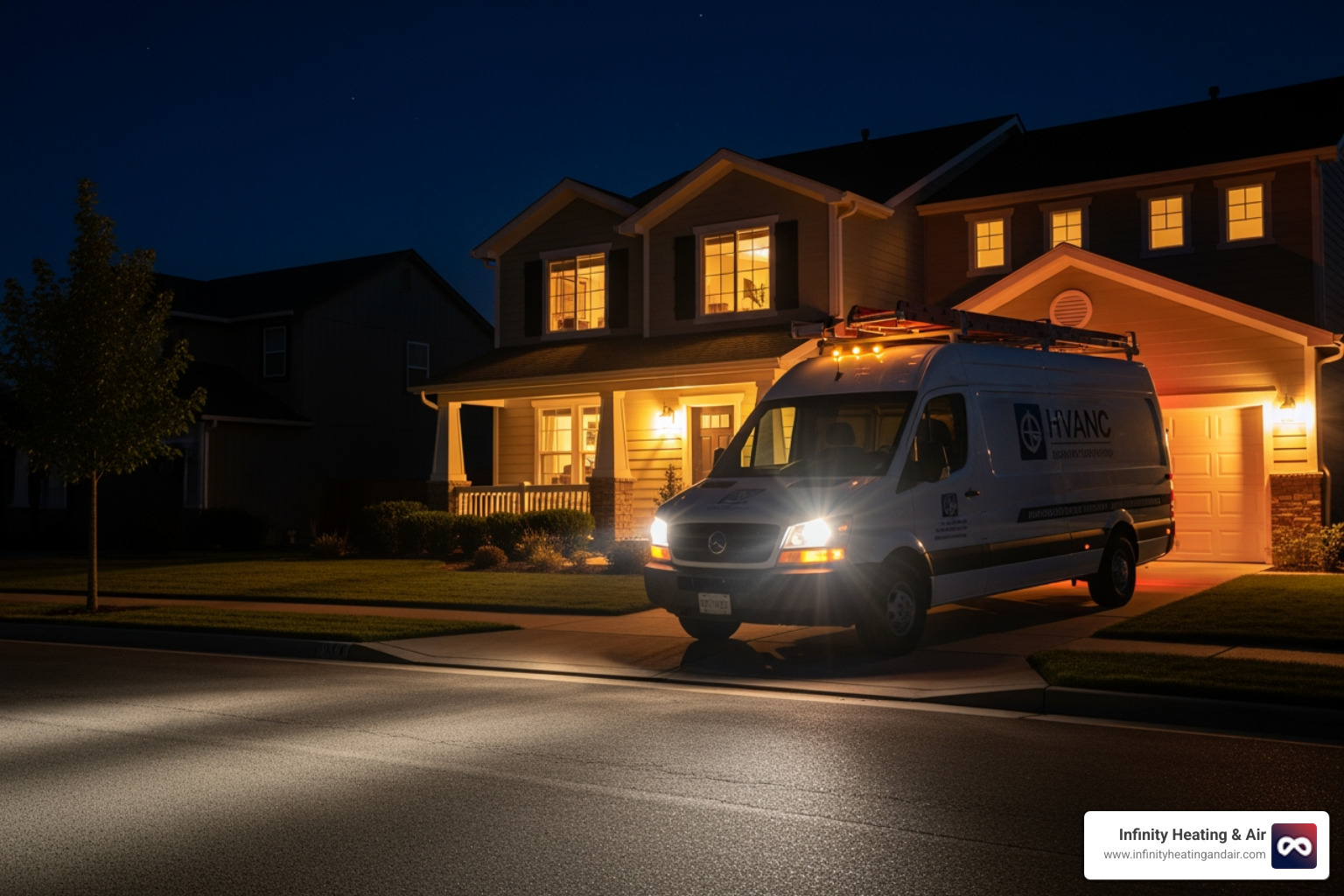 technician's van arriving at a home at night - 24 hour heating installation lakewood