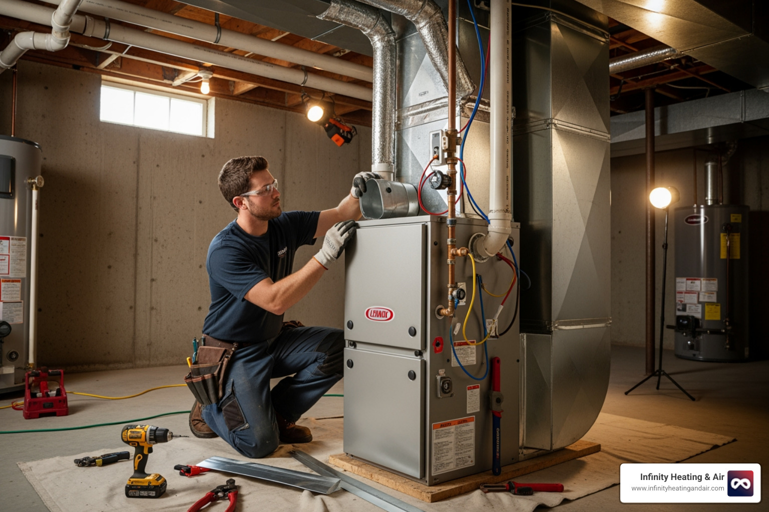 HVAC technician installing a new furnace in a home - 24 hour heating installation lakewood