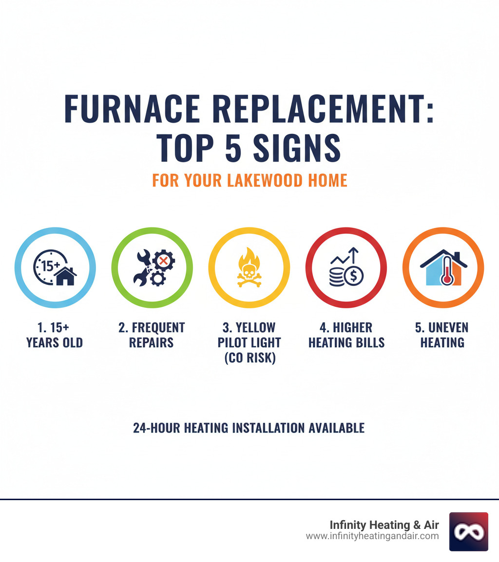 Infographic showing the top 5 signs your furnace needs immediate replacement: system is 15+ years old, frequent breakdowns and repairs, yellow pilot light indicating carbon monoxide risk, heating bills have increased dramatically, and uneven heating throughout the home - 24 hour heating installation lakewood infographic 