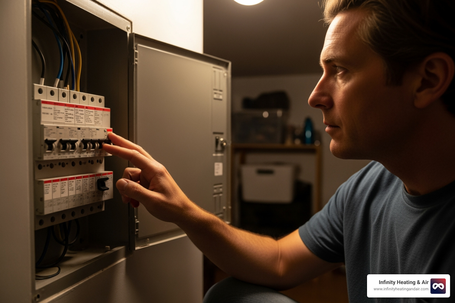 homeowner checking home's circuit breaker panel - 24 hour heating maintenance auburn