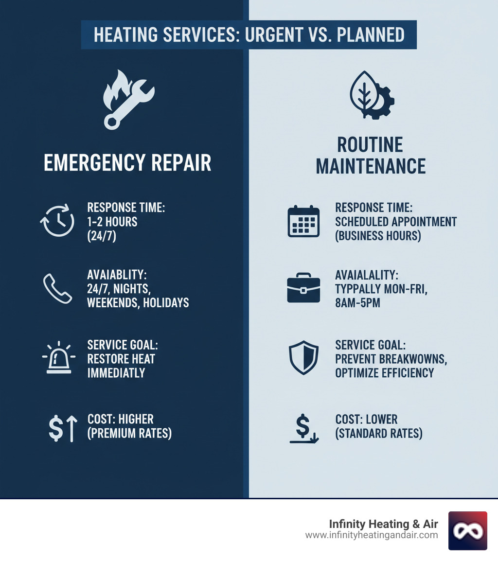infographic showing emergency heating repair versus routine maintenance with response times availability service goals and cost differences - 24 hour heating maintenance auburn infographic 