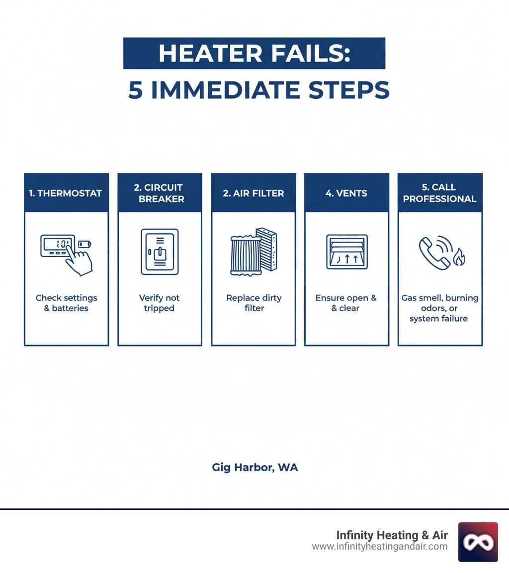 infographic showing 5 immediate steps when heater fails: 1. Check thermostat settings and batteries, 2. Verify circuit breakers are not tripped, 3. Replace dirty air filter, 4. Ensure vents are open and clear, 5. Call professional for gas smells, burning odors, or system failure - emergency heater not working help gig harbor infographic infographic showing 5 immediate steps when heater fails: 1. Check thermostat settings and batteries, 2. Verify circuit breakers are not tripped, 3. Replace dirty air filter, 4. Ensure vents are open and clear, 5. Call professional for gas smells, burning odors, or system failure - emergency heater not working help gig harbor infographic