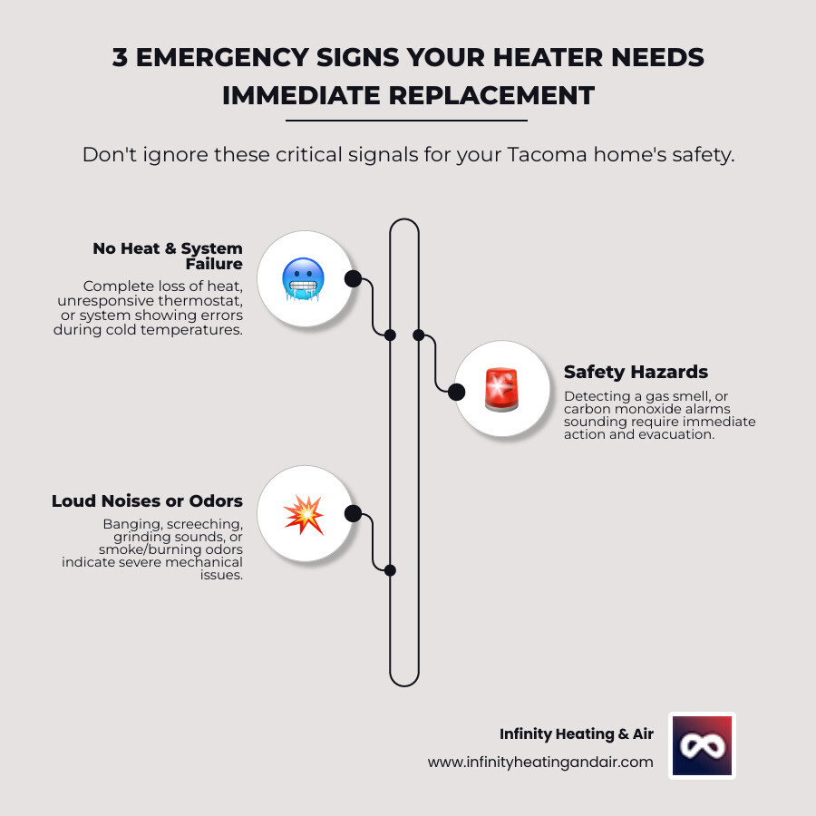 Infographic showing three emergency signs requiring immediate heating replacement: 1) Complete system failure with no heat production and home temperature dropping rapidly, 2) Safety hazards including gas smell or carbon monoxide detector alarms requiring immediate evacuation and 911 call, 3) Severe mechanical failure with loud banging, grinding, or screeching sounds combined with visible smoke or burning odors - 24 hour heating installation tacoma infographic infographic-line-3-steps-elegant_beige Infographic showing three emergency signs requiring immediate heating replacement: 1) Complete system failure with no heat production and home temperature dropping rapidly, 2) Safety hazards including gas smell or carbon monoxide detector alarms requiring immediate evacuation and 911 call, 3) Severe mechanical failure with loud banging, grinding, or screeching sounds combined with visible smoke or burning odors - 24 hour heating installation tacoma infographic infographic-line-3-steps-elegant_beige