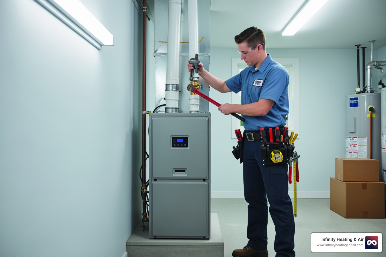 Certified technician installing a new furnace in a clean utility space - 24 hour heating installation tacoma Certified technician installing a new furnace in a clean utility space - 24 hour heating installation tacoma